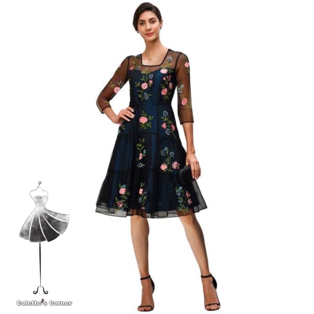 Wayward Fancies Floral Embroidery Black Sheer Tiered Tulle & Blue Dupioni Dress